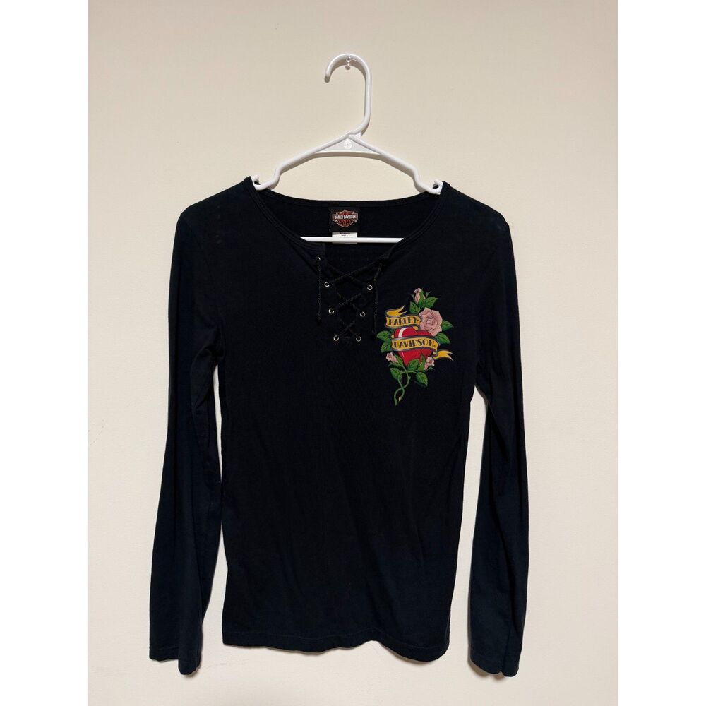 Harley-Davidson, Black Long-Sleeve Top W/ Lace-Up Neckline